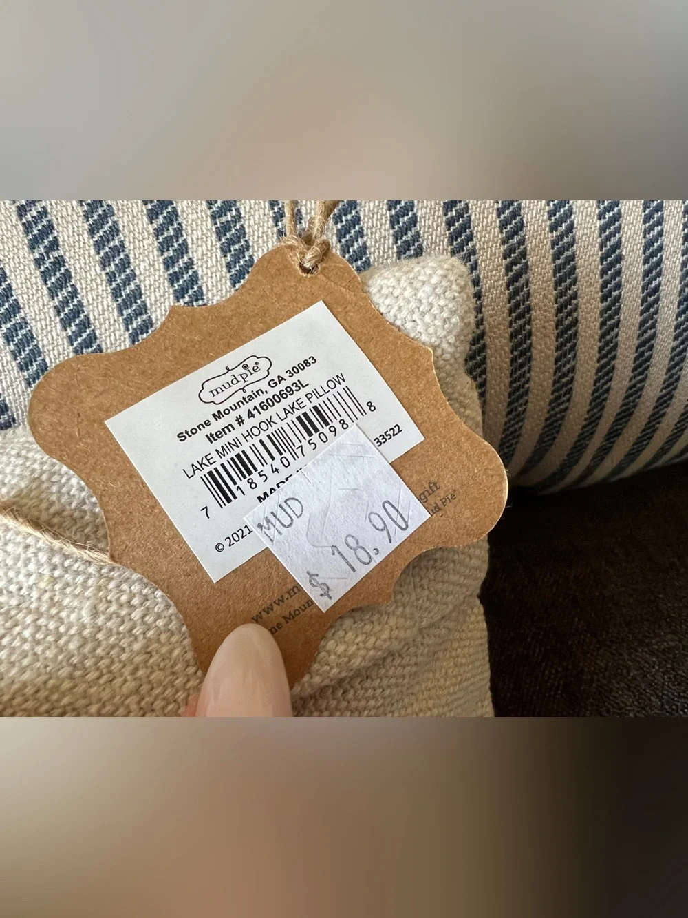 Mud Pie Cream Pillow with Blue Chenille LAKE Letters